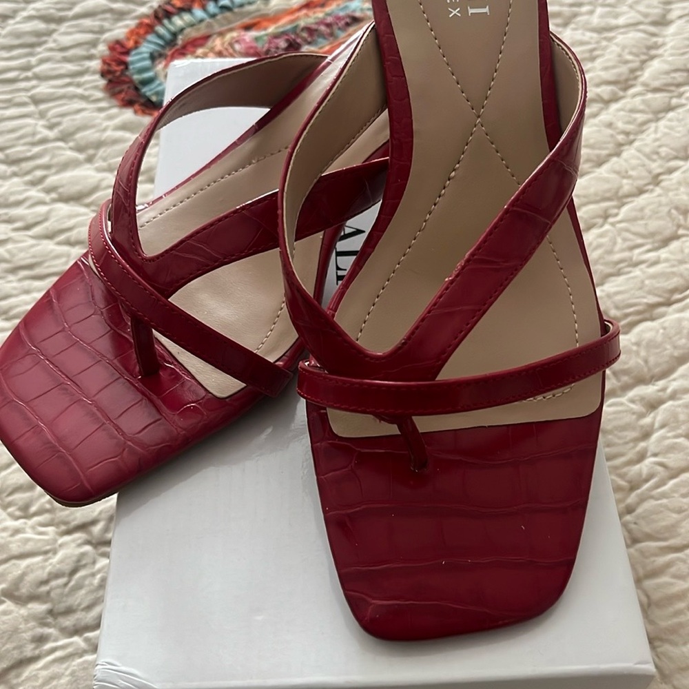 Red croco strappy sandal with carved heel